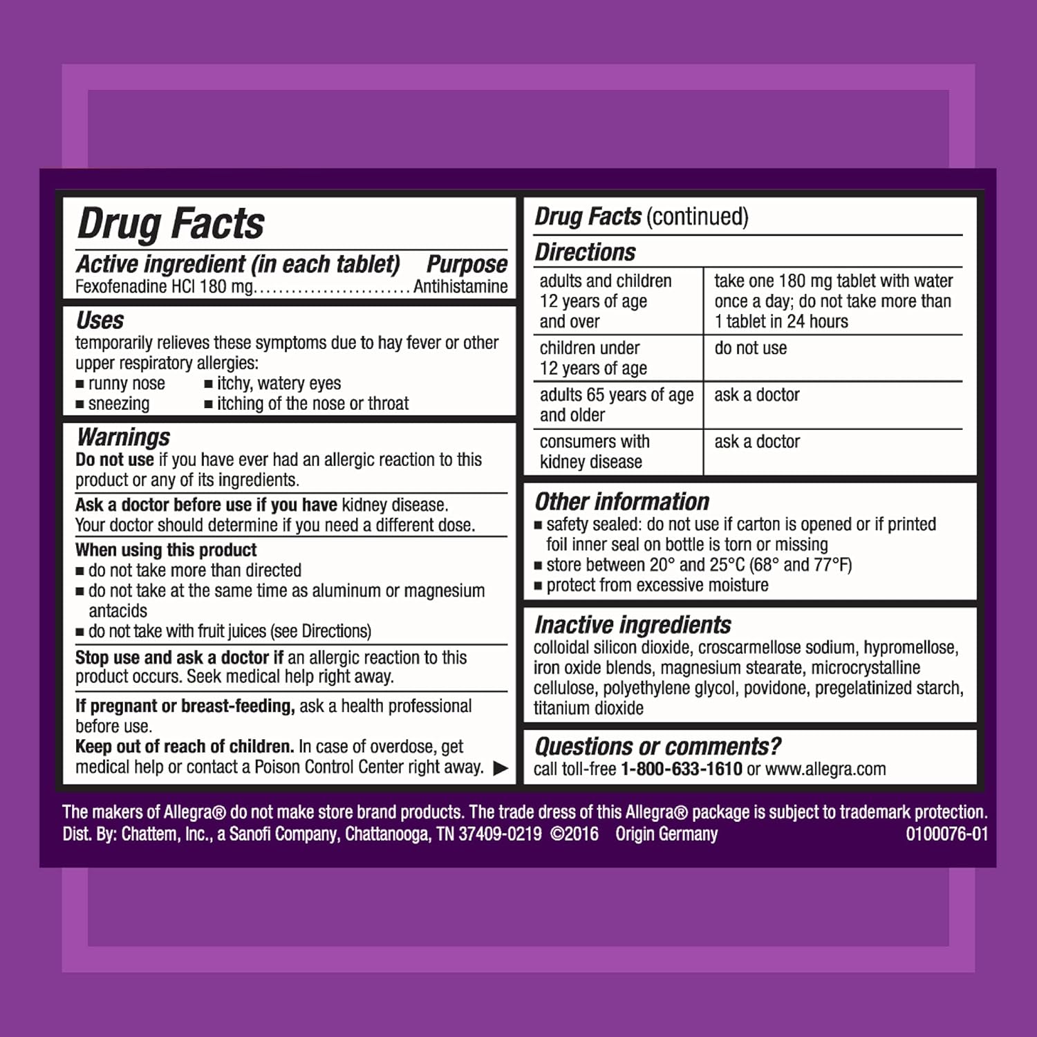 Allegra Adult 24HR Allergy Tablets 180mg 90 Count - Key Specifications