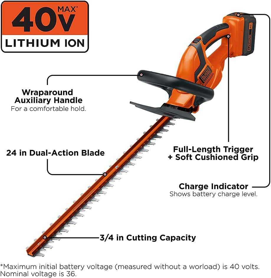 Black Decker 40V Max Cordless Hedge Trimmer 24 Inch - Key Specifications