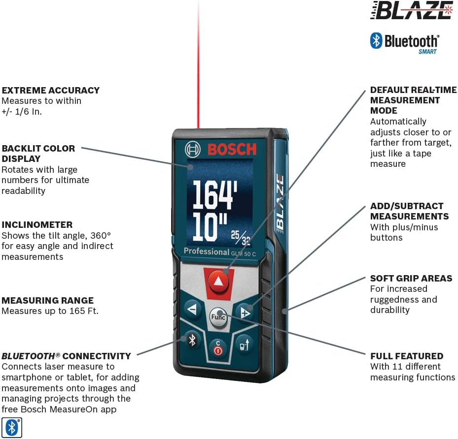 Bosch GLM50C 165 Ft Bluetooth Laser Distance Measure - Key Specifications