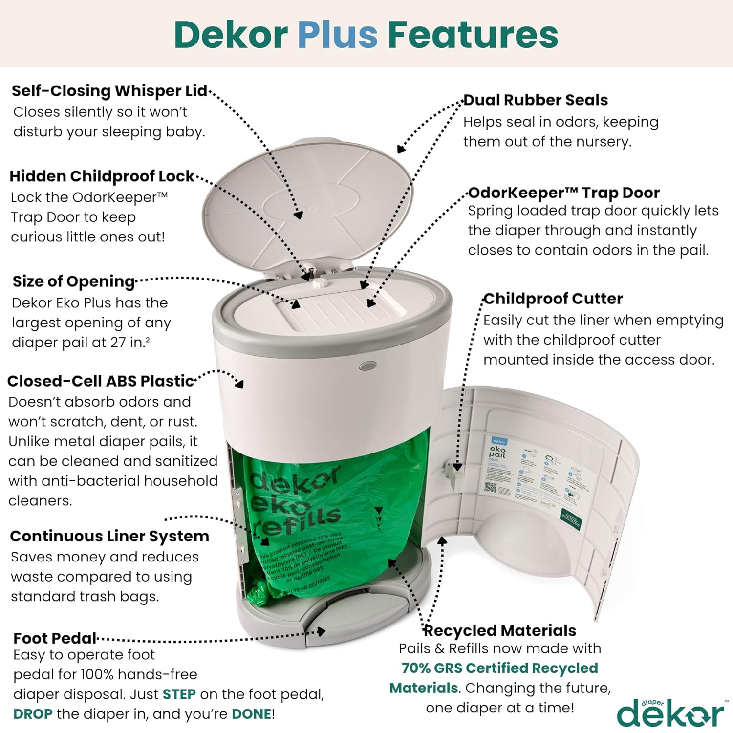 Dekor Plus Hands Free Diaper Pail - Key Specifications