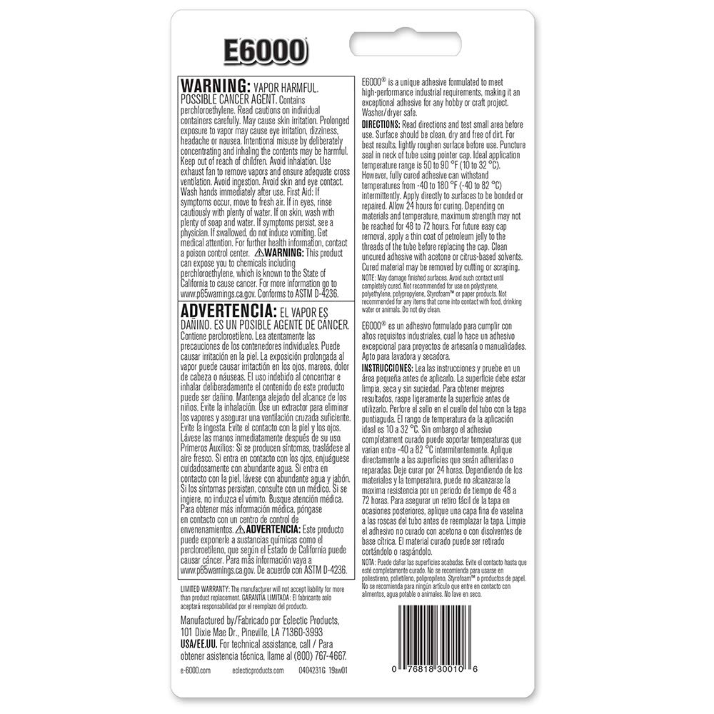 E6000 Craft Adhesive Industrial Strength 3.7oz - Key Specifications