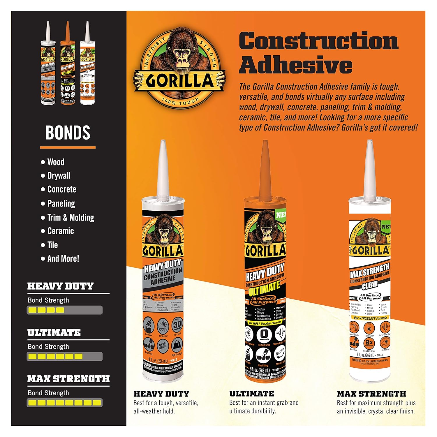 Gorilla Heavy Duty Construction Adhesive 9oz - Key Specifications