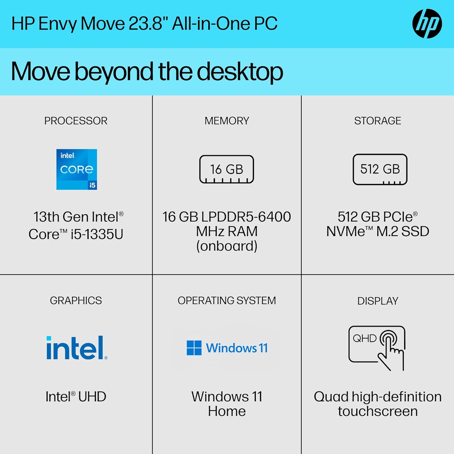 HP Envy Move 23.8 Inch Portable All-in-One Desktop - Key Specifications