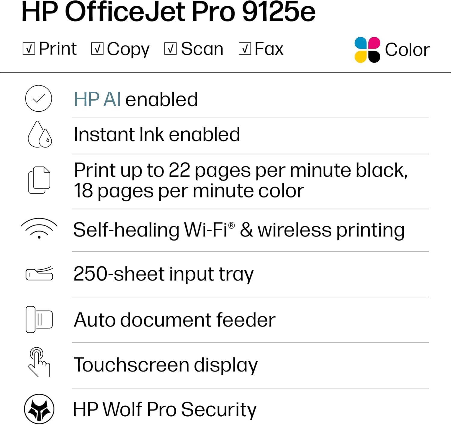 HP OfficeJet Pro 9125e All-in-One Color Printer - Key Specifications
