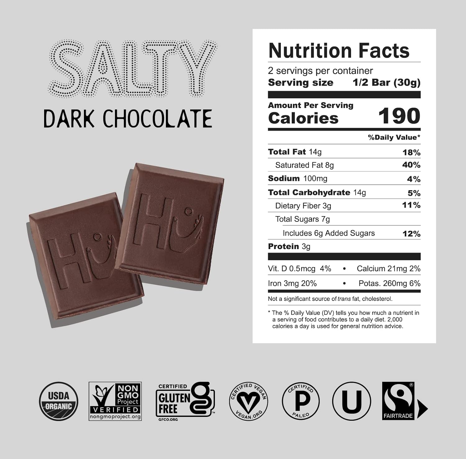 Hu Salty Dark Chocolate Bar Organic 2.1oz 6 Pack - Key Specifications
