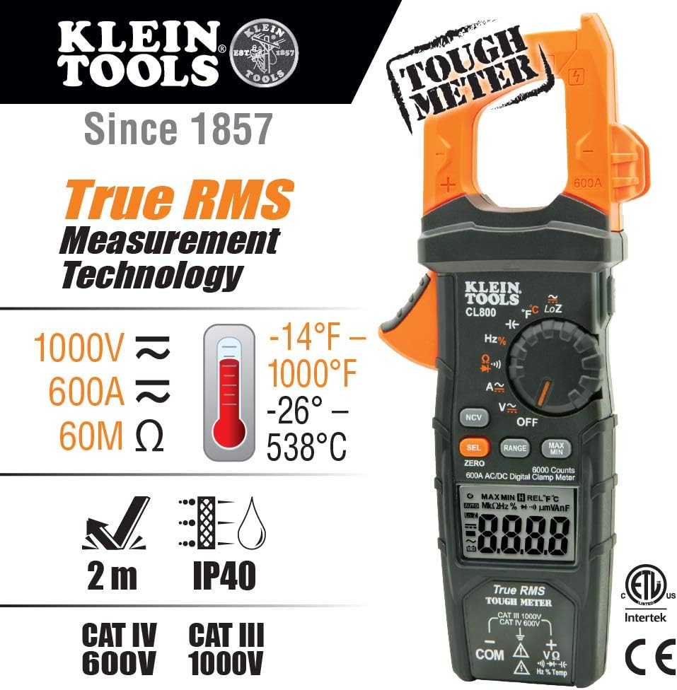 Klein Tools CL800 Digital Clamp Meter Auto-Ranging - Key Specifications