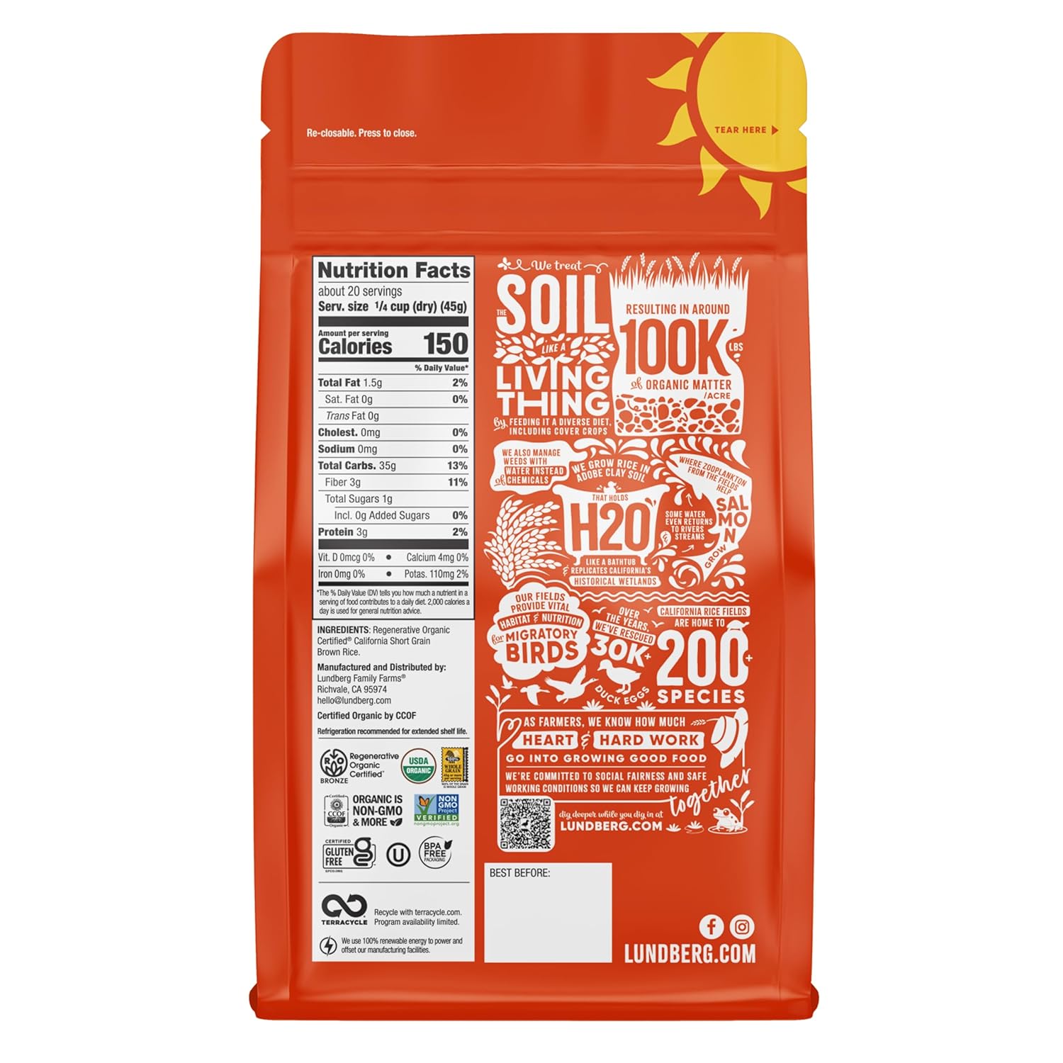 Lundberg Organic Short Grain Brown Rice 2 Lbs - Key Specifications