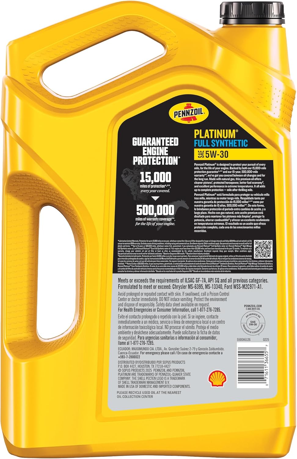 Pennzoil Platinum Full Synthetic Motor Oil 5W-30 5 Quart - Key Specifications