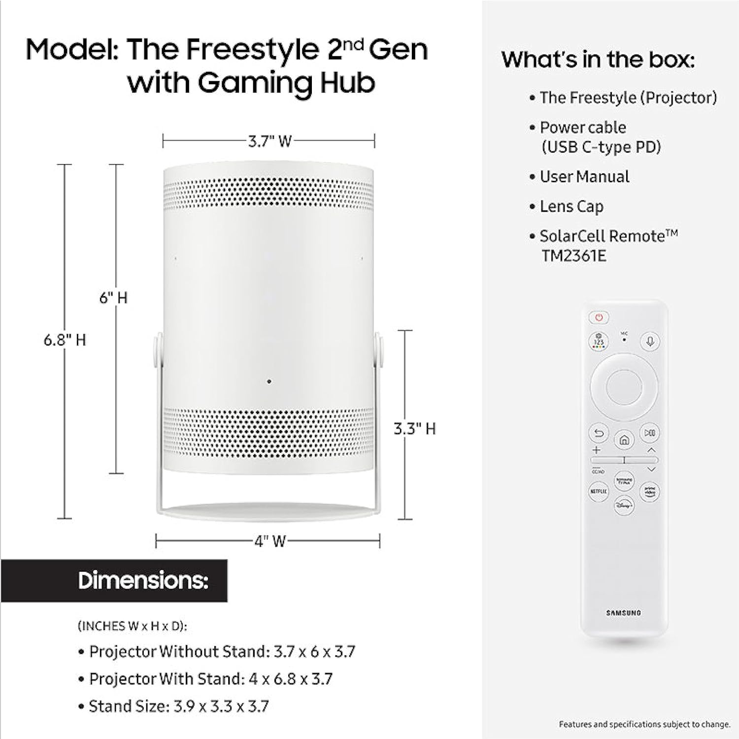 Samsung The Freestyle 2nd Gen Portable Projector - Key Specifications