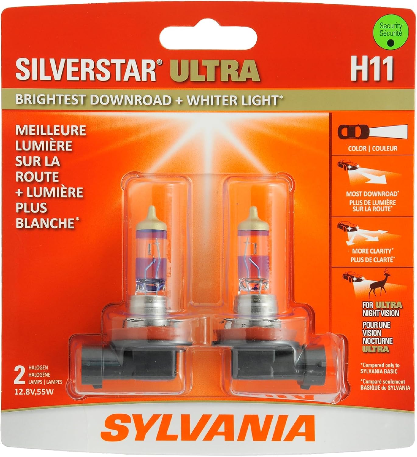 Sylvania Silverstar Ultra H11 Halogen Headlight Bulbs 2 Pack - Key Specifications