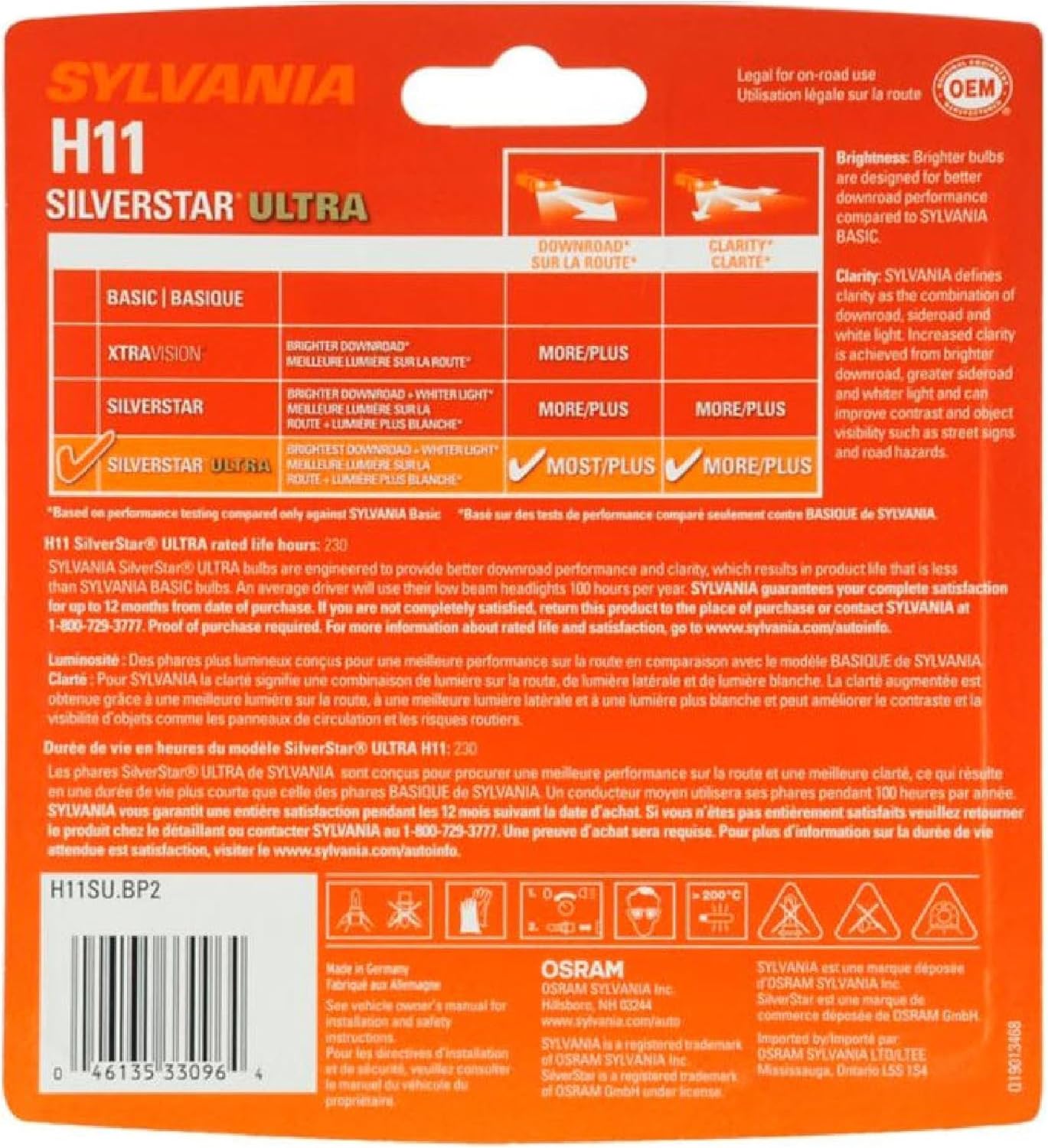 Sylvania Silverstar Ultra H11 Halogen Headlight Bulbs 2 Pack - Design and Build Quality