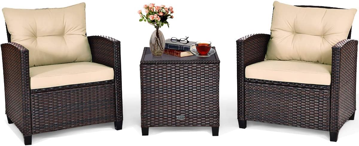 Tangkula 3 Piece Patio Bistro Set Outdoor Rattan Wicker Review