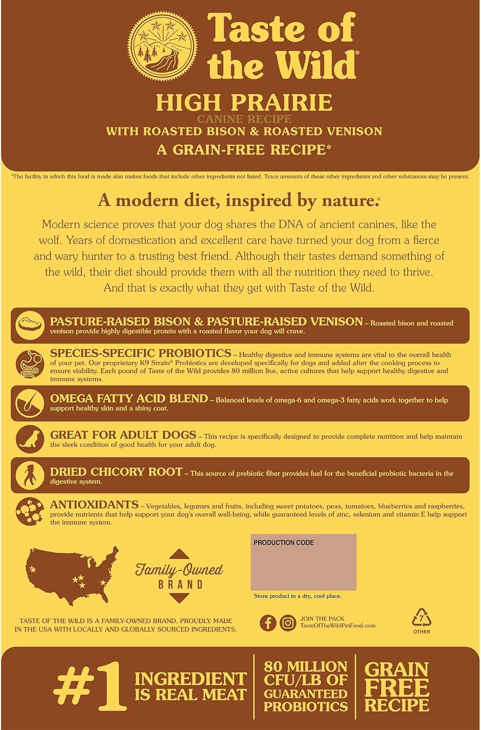 Taste of the Wild High Prairie Grain Free Dog Food 28lb - Key Specifications