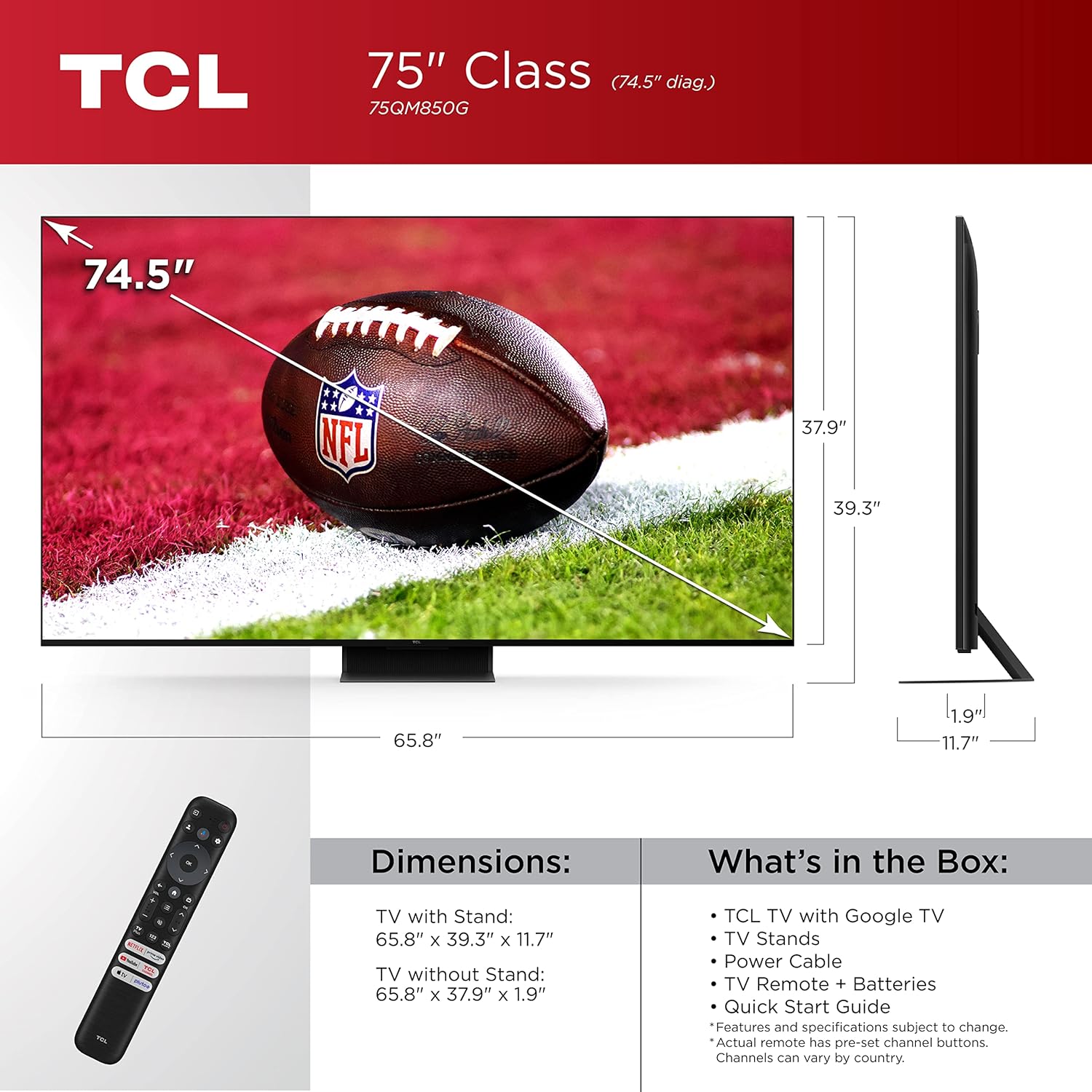 TCL QM8 75 Inch QLED 4K 120Hz Smart TV - Key Specifications