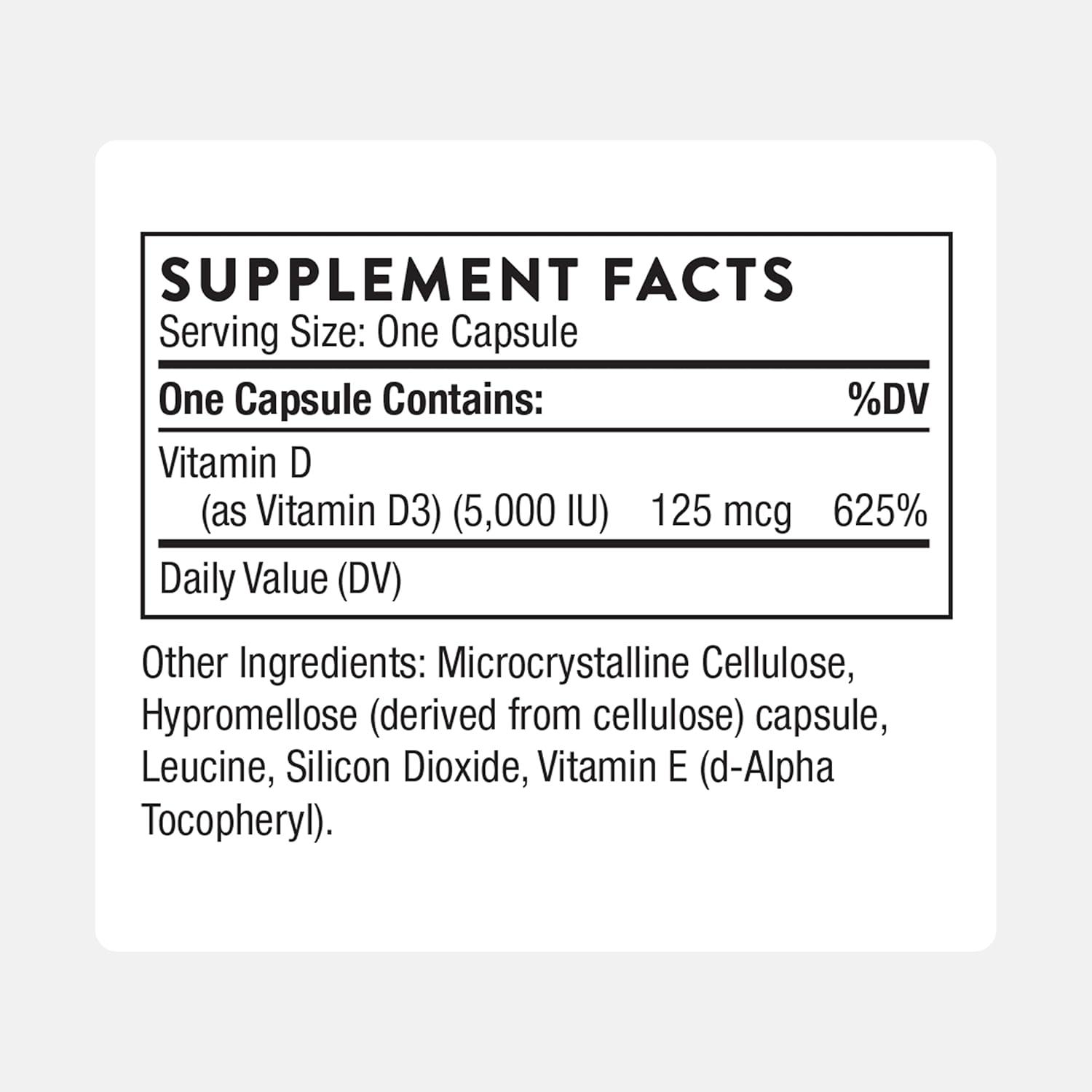 Thorne Research Vitamin D3 5000 IU 60 Caps - Key Specifications