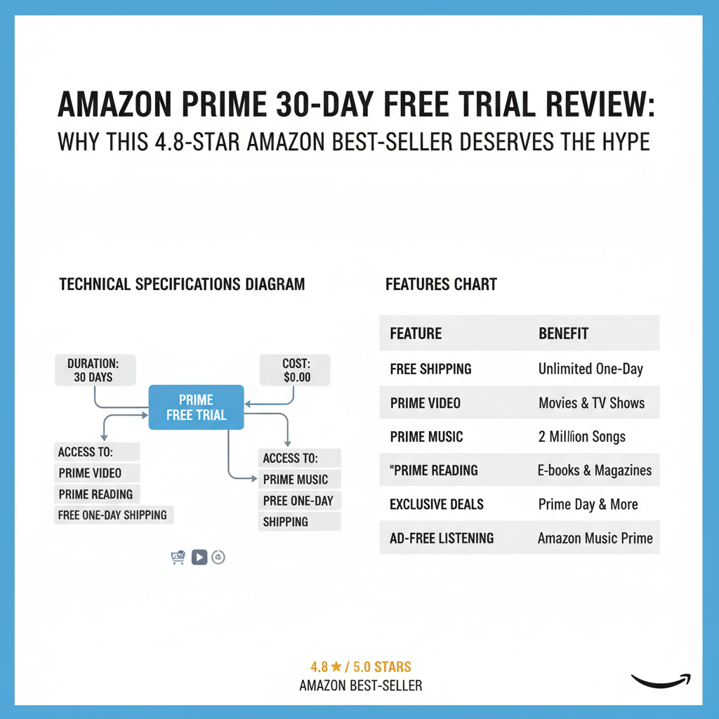 AI Generated Image for Technical specifications diagram and features chart for Amazon Prime 30-Day Free Trial Review: Why This 4.8-Star Amazon Best-Seller Deserves the Hype, clean white background, professional layout