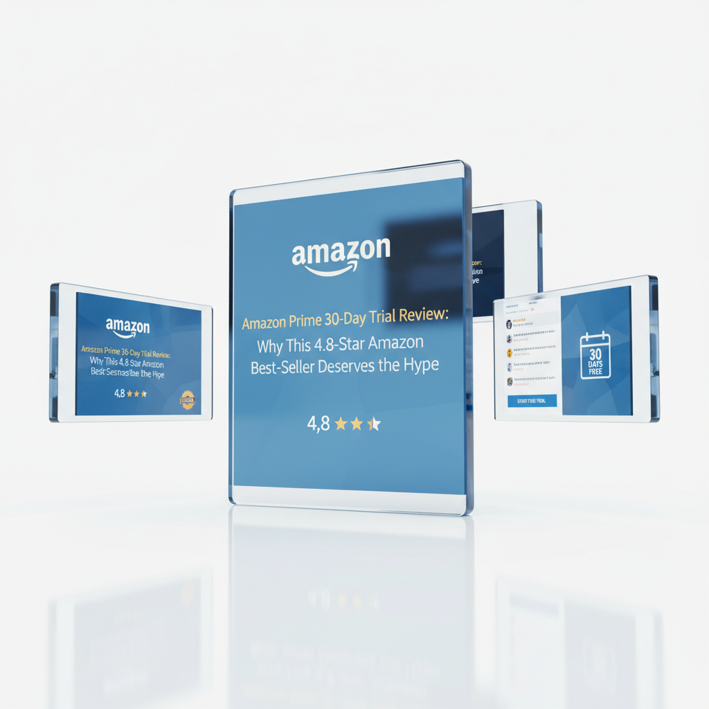 AI Generated Image for Elegant design showcase of Amazon Prime 30-Day Free Trial Review: Why This 4.8-Star Amazon Best-Seller Deserves the Hype from multiple angles, premium product photography, white background