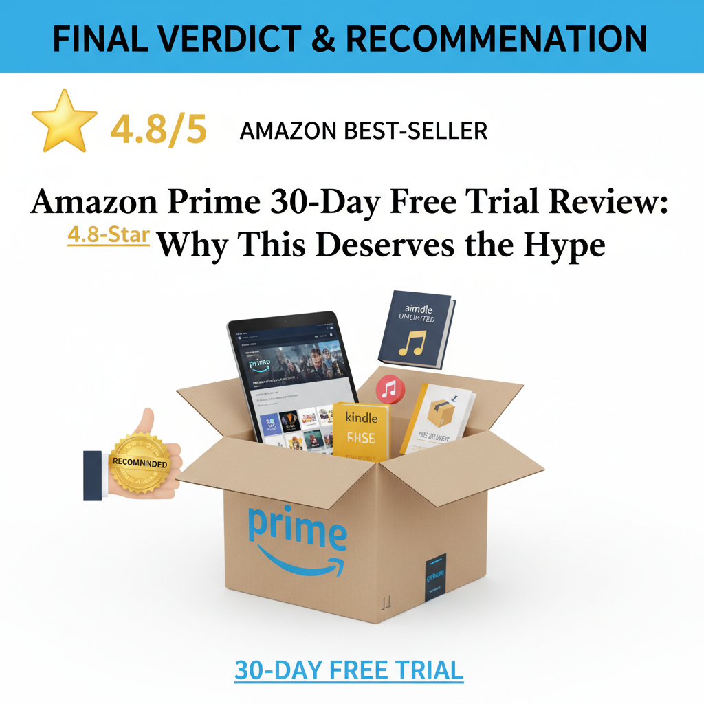 AI Generated Image for Final verdict and recommendation visual featuring Amazon Prime 30-Day Free Trial Review: Why This 4.8-Star Amazon Best-Seller Deserves the Hype, professional review style photography, white background