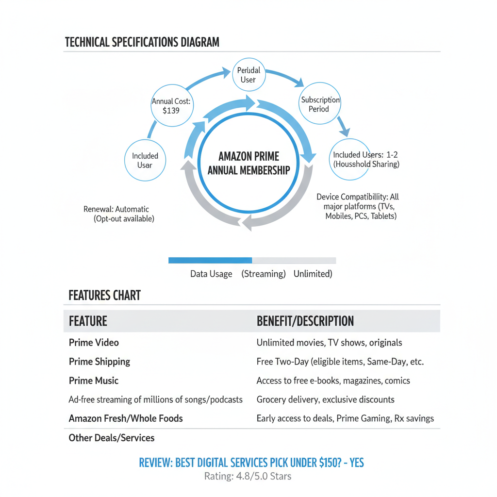 AI Generated Image for Technical specifications diagram and features chart for Amazon Prime Annual Membership Review: Best Digital Services Pick Under 0?, clean white background, professional layout