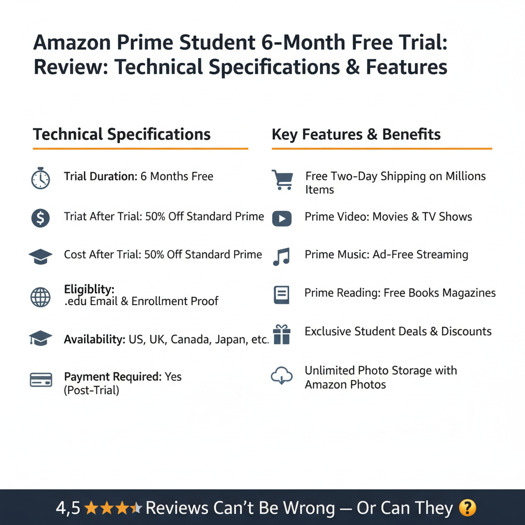 AI Generated Image for Technical specifications diagram and features chart for Amazon Prime Student 6-Month Free Trial Review: 150,000+ Reviews Can’t Be Wrong — Or Can They?, clean white background, professional layout