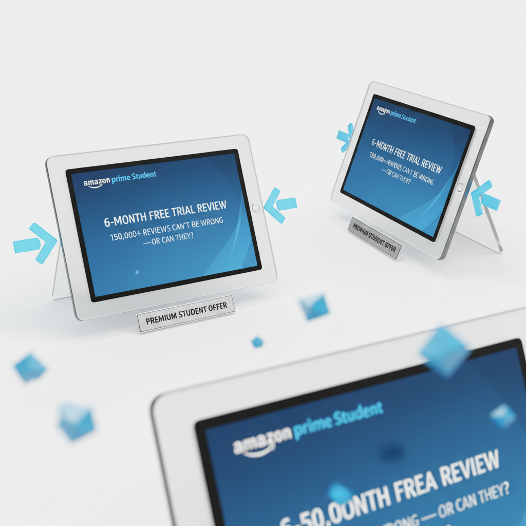 AI Generated Image for Elegant design showcase of Amazon Prime Student 6-Month Free Trial Review: 150,000+ Reviews Can’t Be Wrong — Or Can They? from multiple angles, premium product photography, white background