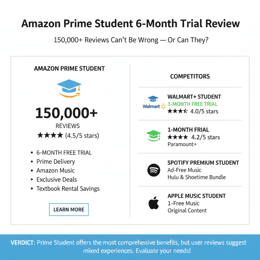 AI Generated Image for Comparison chart or infographic showing Amazon Prime Student 6-Month Free Trial Review: 150,000+ Reviews Can’t Be Wrong — Or Can They? vs competitors, clean professional design, white background