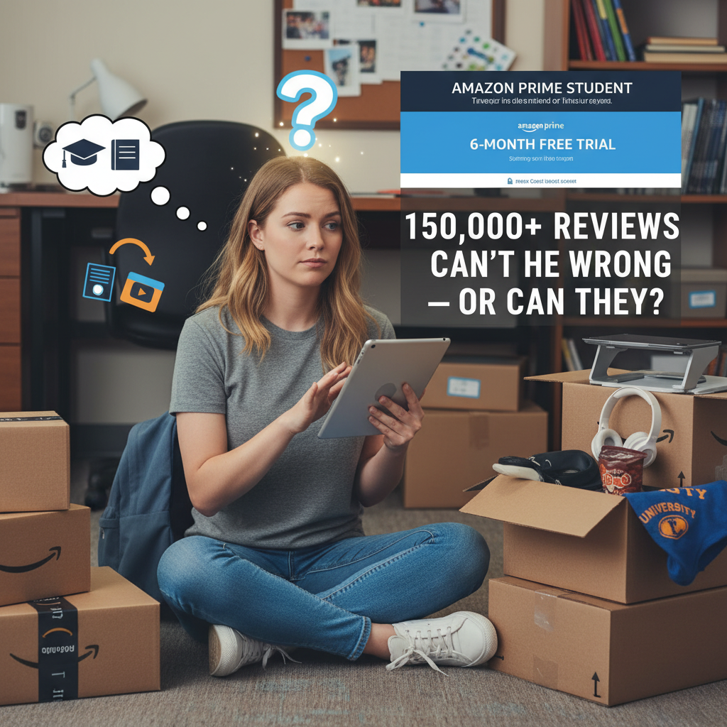 AI Generated Image for Shopping and purchase decision visual for Amazon Prime Student 6-Month Free Trial Review: 150,000+ Reviews Can’t Be Wrong — Or Can They?, professional e-commerce style photography