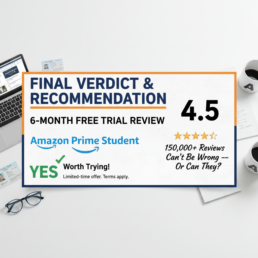 AI Generated Image for Final verdict and recommendation visual featuring Amazon Prime Student 6-Month Free Trial Review: 150,000+ Reviews Can’t Be Wrong — Or Can They?, professional review style photography, white background