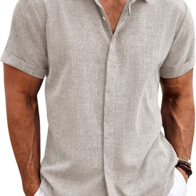 COOFANDY Men's Linen Shirts Short Sleeve Casual Button Down Beach Summer Wedding Shirt - Product Image
