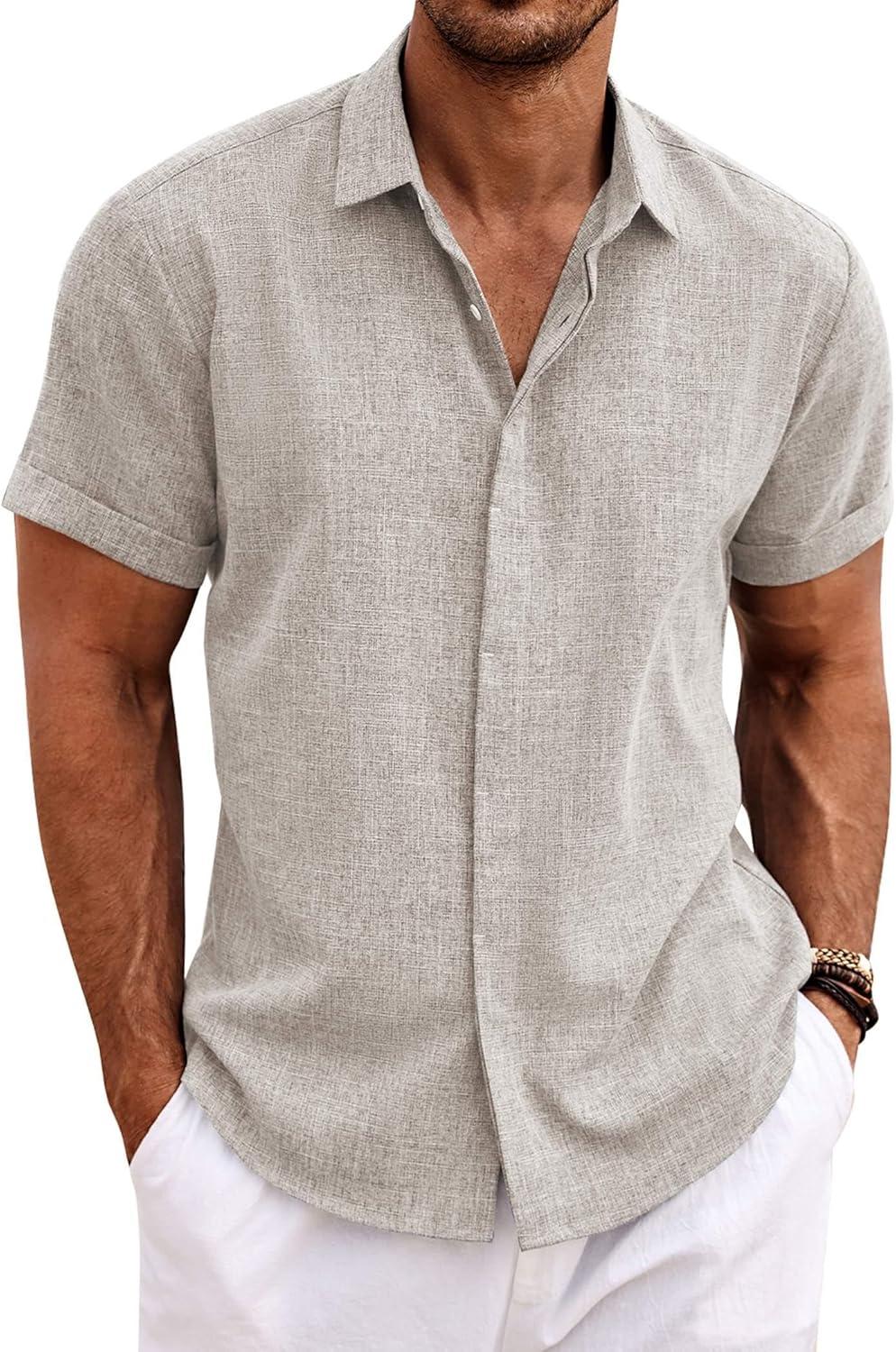COOFANDY Men's Linen Shirts Short Sleeve Casual Button Down Beach Summer Wedding Shirt - Review