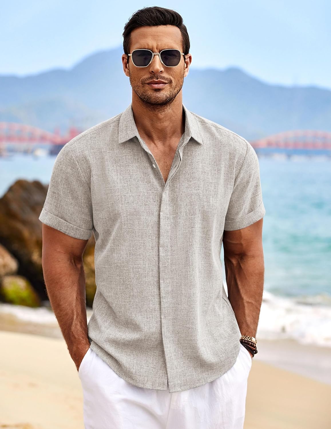 COOFANDY Men's Linen Shirts Short Sleeve Casual Button Down Beach Summer Wedding Shirt - Design and Build