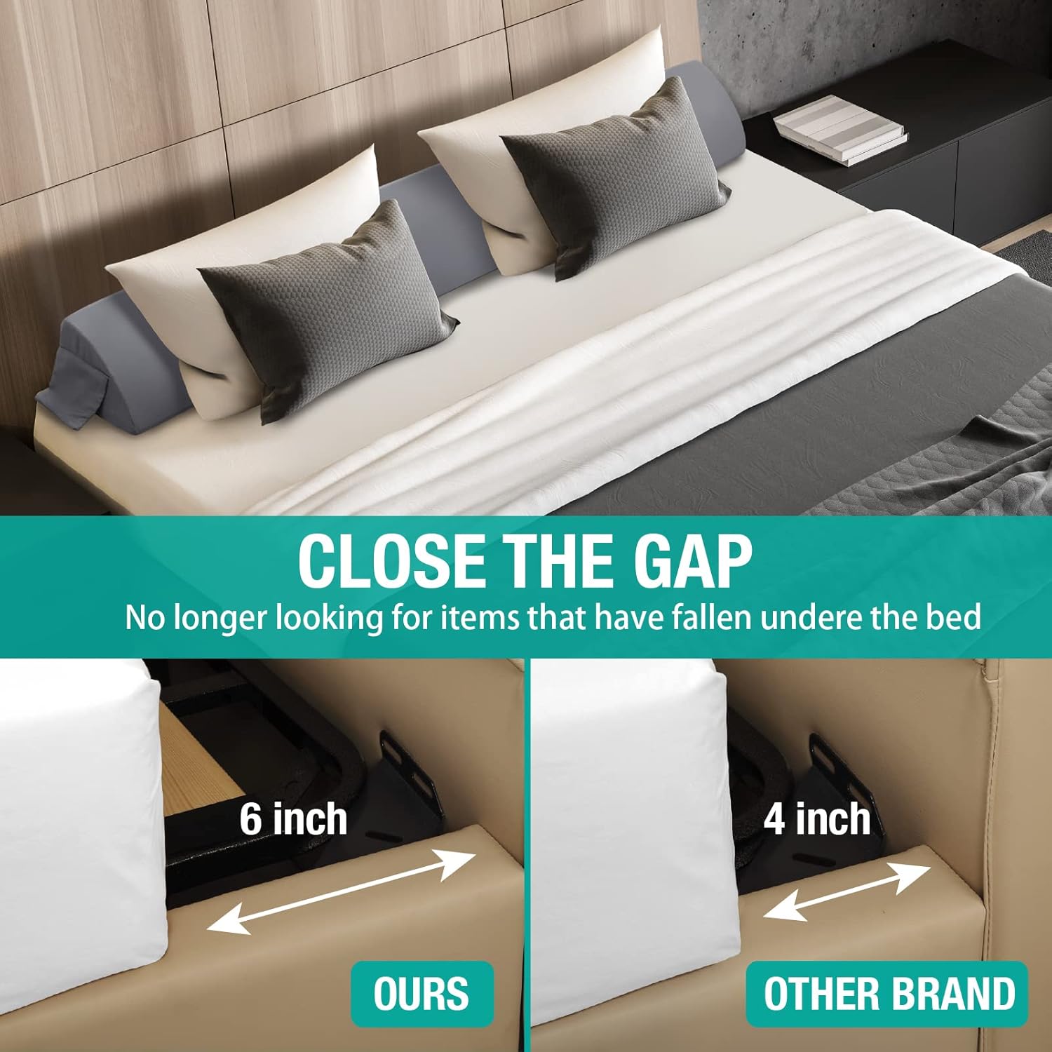 Vekkia King Bed Wedge Pillow for Headboard Gap with Side Pockets and Washable Cover Gray 76x10x6 - Design and Build