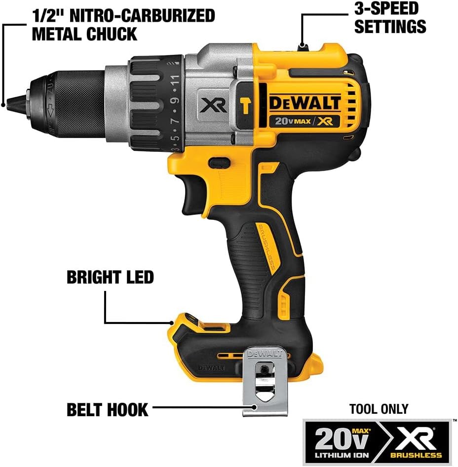 DEWALT 20V MAX XR Cordless Hammer Drill Driver Brushless Heavy Duty 1/2 Inch 3-Speed Tool Only DCD996B - Key Specifications